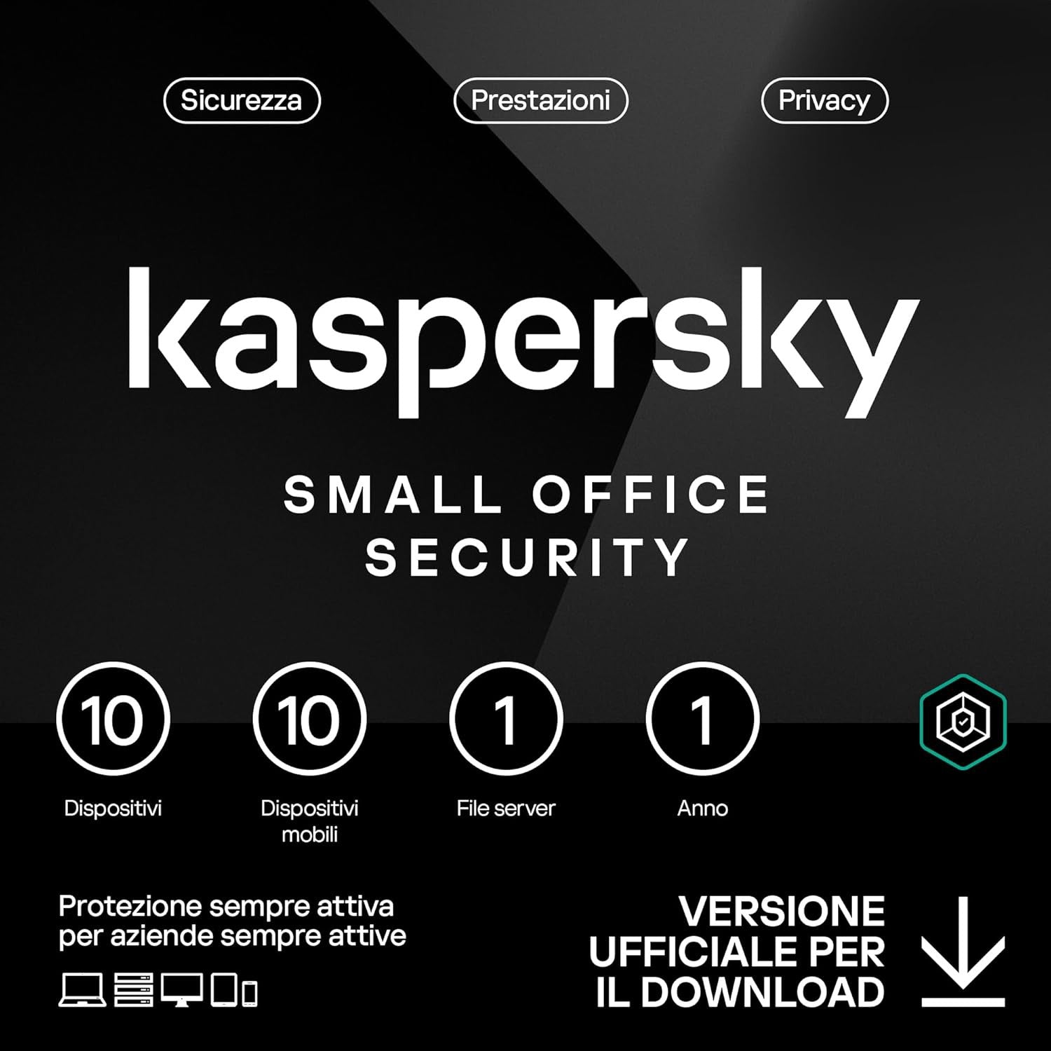 KASPERSKY SMALL OFFICE SECURITY 2025  - PC / MAC / ANDROID/ IOS-10 UTENTI- 1 SERVER - 1 ANNO GLOBAL VERSION