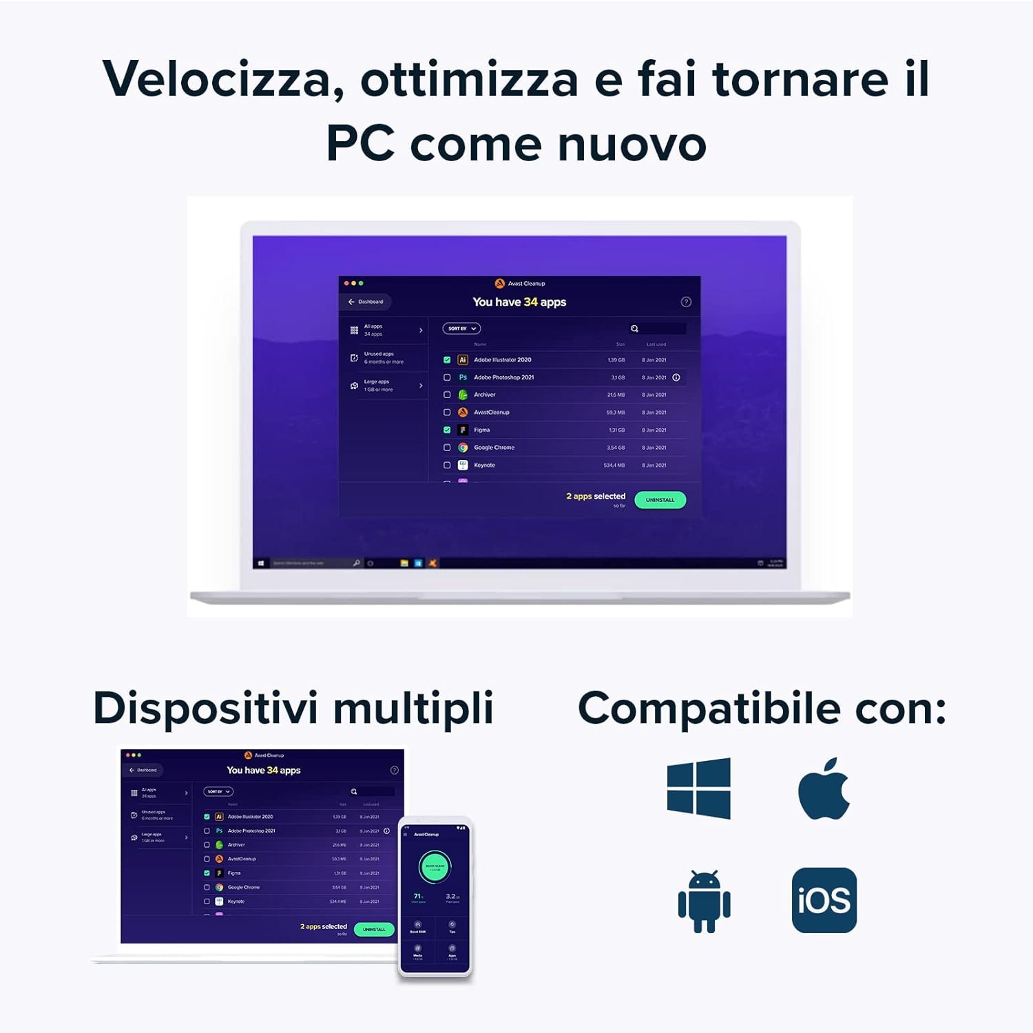 AVAST CLEANUP PREMIUM 1 ANNO - 10  PC - MAC - ANDROID - IOS